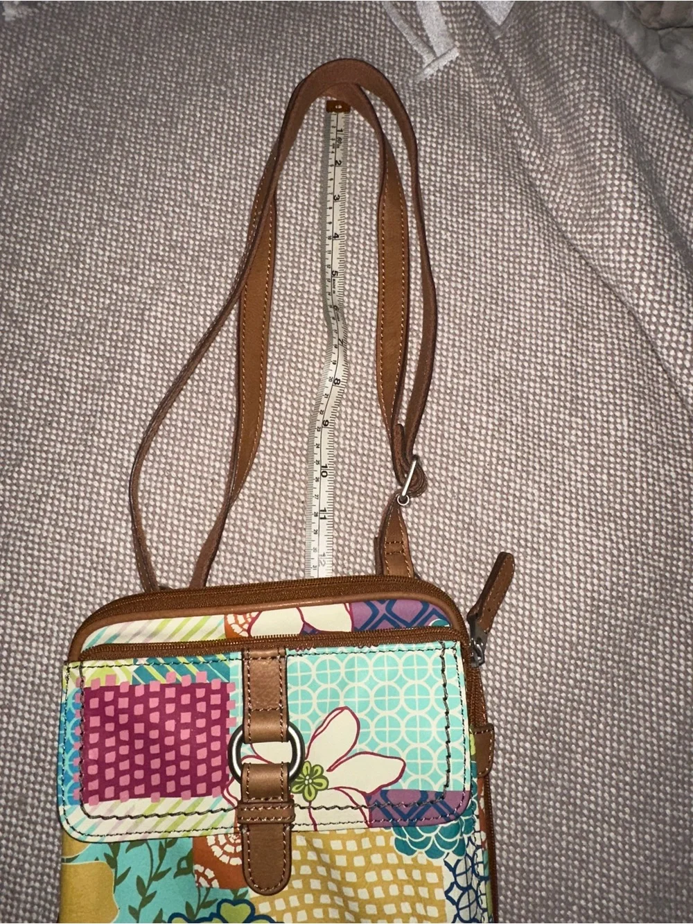 Fossil Patchwork Floral Crossbody in Multicolor with Brown Trim
